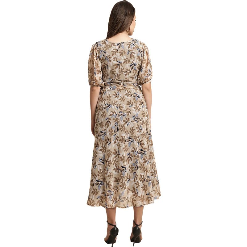 Preneum Women's Maxi Fit & Flare Latest Style Print Georgette Regular Sleeves Casual Summer Maxi | Festival & Occasion, Brown, S