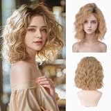 Bkiyyi Short Ombre Blonde Wavy Bob Wig for Women 14 Inch Shoulder Length Curly Free Part Synthetic Wig for Daily and Party Use with Natural Look (Blonde, 14 Inch)