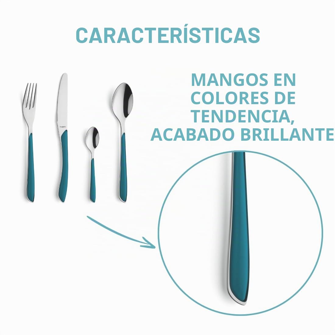 Kuppels Juego de cubiertos Prisma para 6 personas de acero inoxidable pulido, 24 piezas, mango de plástico en petróleo, inoxidable, cubiertos para 6 personas, apto para lavavajillas | Mango de plástico pulido, acero inoxidable, apto para lavavajillas, ele