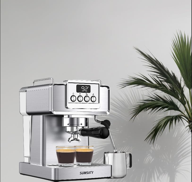 SUMSATY 20-Bar Espresso Machine for Home Barista, Built-In Steam Wand for Latte & Cappuccino, Stainless Steel Coffee Maker with Temp Display, 1350W, 60oz Water Reservoir