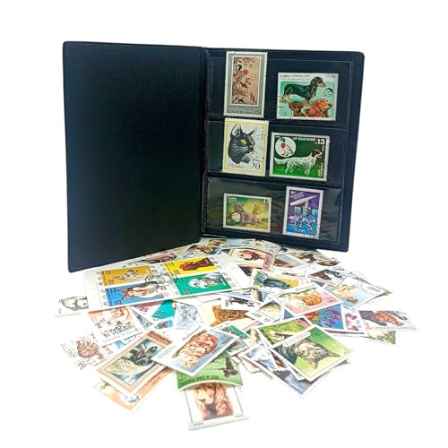 IMPACTO COLECCIONABLES – Sammlung von 100 Briefmarken mit Hunde- und Katzenmotiven mit Album (14 x 18 x 1 cm) | Erweitern Sie Ihre Briefmarkensammlung mit gestempelten Marken in einem eleganten Album