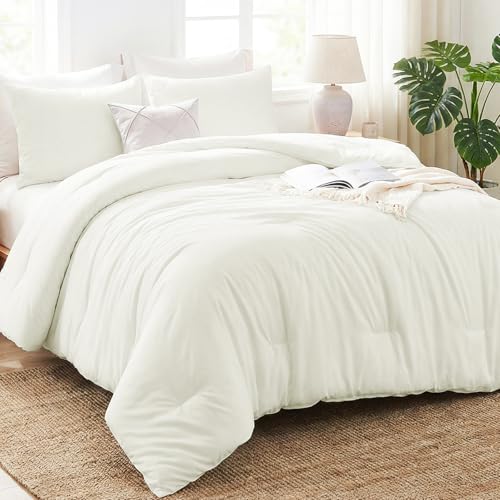 CozyLux King Size Comforter Set Ivory 3 Pieces Lightweight Down Alternative Quilted Bedding Sets All Season Soft Breathable Solid Comforter with 2 Pillowcases Luxury Soft Bed Set for Home