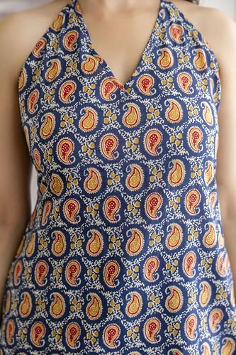 Image of Women's Printed Halter Neck Kurti Top | Sleeveless V-Neck Short Tunic with Back Tie-Up | Casual Ethnic & Summer Wear