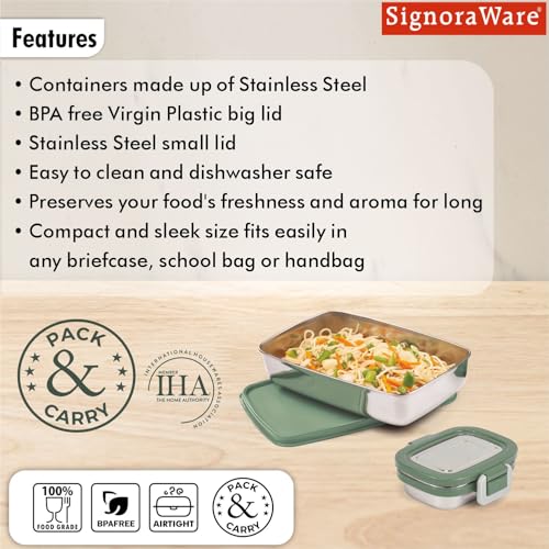 Image of SignoraWare Munch Mate Stainless Steel Lunch Box | Airtight & Leakproof | Durable & Compact | Easy to Carry | Ideal Tiffin for Office, School & Travel (850ml + 160ml | Egreen)