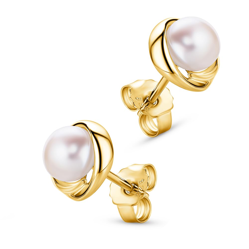 Miore Pendientes Mujer de Plata, Chapados en Oro/Plata Sterling 925, Con cierre a presión, Perlas de Agua Dulce 6 mm, Pendientes redondos 9,5 mm, Joyería para Mujer, Se entrega en Estuche para joyas