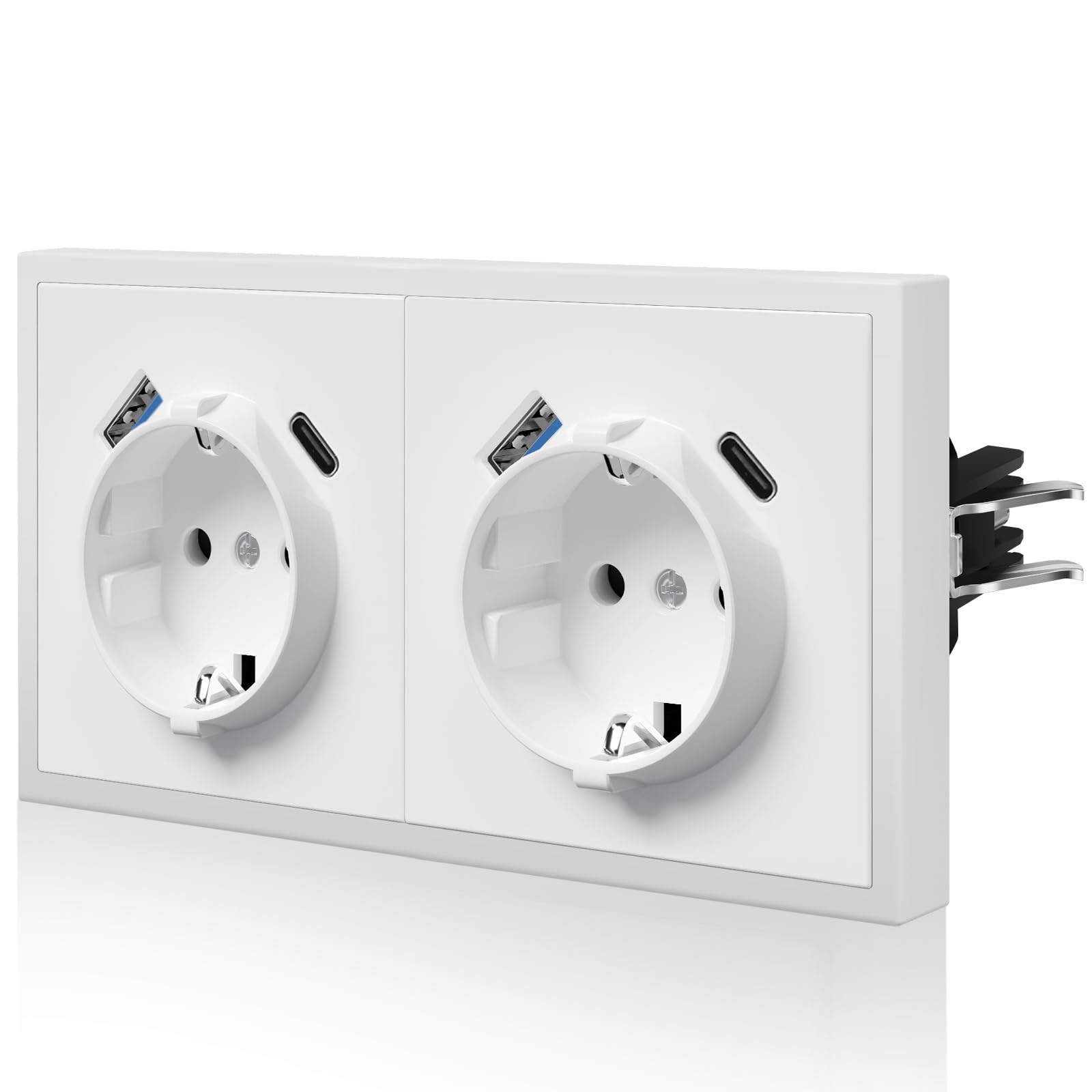 BSEED stopcontact met USB C, mat wandstopcontact inbouw met klauwen, Schuko stopcontact met kinderbeveiliging, alleen horizontaal te monteren, C-serie, 1 vak, 80mm wit
