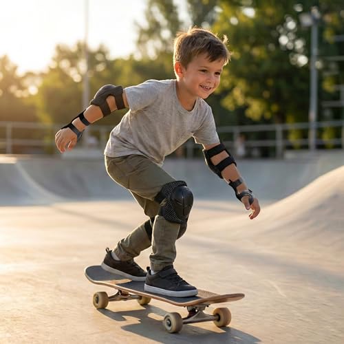 Image of R for Rabbit Safe Play Protector Pads for Kids | Knee, Elbow & Wrist Guards Set | Adjustable Protective Gear for Cycling, Skating | PP Shell EVA Soft Liners Cushion Pads for 6-12 Years (Black Sports)