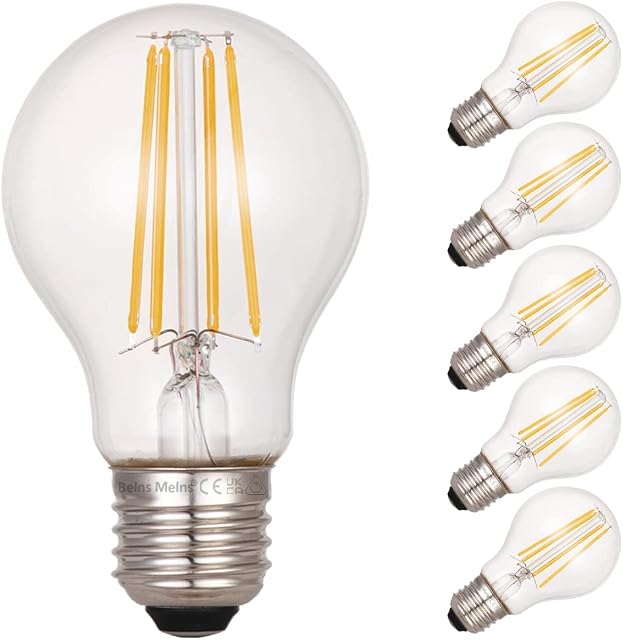 E27 LED Bulb Edison Screw, Vintage Edison Bulb 60W Equivalent, 7W 806LM 2700K Warm White Clear, Flicker Free Energy Saving - Pack of 6