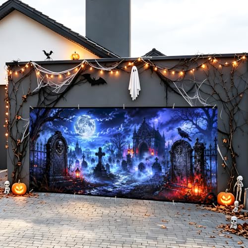 Image of Halloween Garage Door Decorations 7 x 16 ft, Gothic Chapel Cover