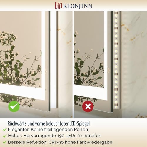 Keonjinn 60x90cm Badezimmerspiegel mit Beleuchtung, Beschlagfrei Badspiegel Beleuchtet mit Touch-Schalter… – Ansicht 6