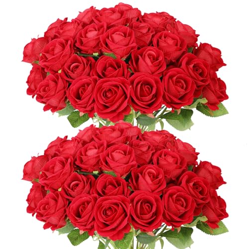 LetuoClips 50 PCS Red Roses Artificial Flowers, Fake Red Rose Bouquet, Artificial Silk Red Roses with Stems for DIY Wedding Flowers Decoration, Valentines Day Mothers Day, Bridal Bouquet Roses