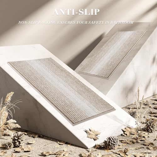 BSICPRO Bathroom Rugs and Mats Sets, 2 Piece Thick Absorbent Chenille Non Slip, Soft Shaggy Floor Mats, Machine Washable (Light Taupe, 20" x 47" Plus 16" x 24")