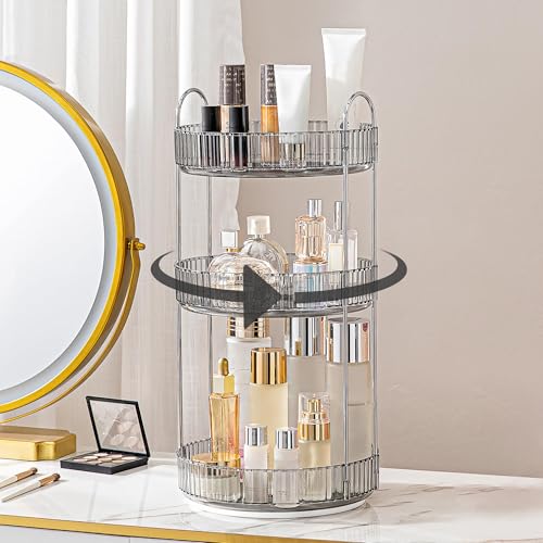 Weidace 360 Rotating Makeup Organizer for Vanity, Bathroom Countertop Organizer Spinning Perfume Organizer, High-Capacity Cosmetic and Skincare Dresser Make Up Holder Rack (3 Tiers, Grey)