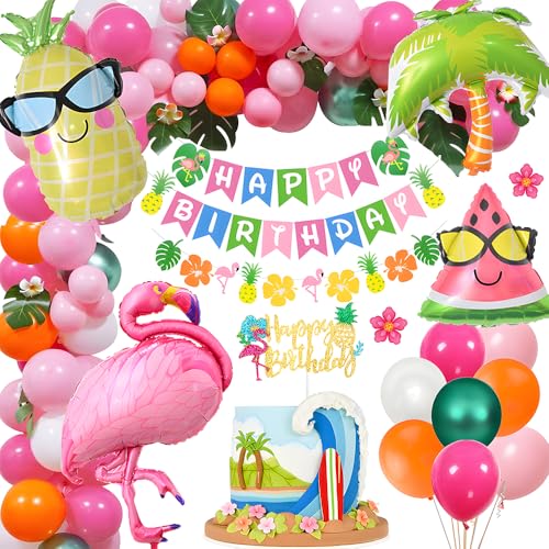 Hawaiana Tropical festa decoração, decoração havaiana festa arco de balões flamingo com faixa de aniversário, balões havaianos para festas temáticas de verão na praia