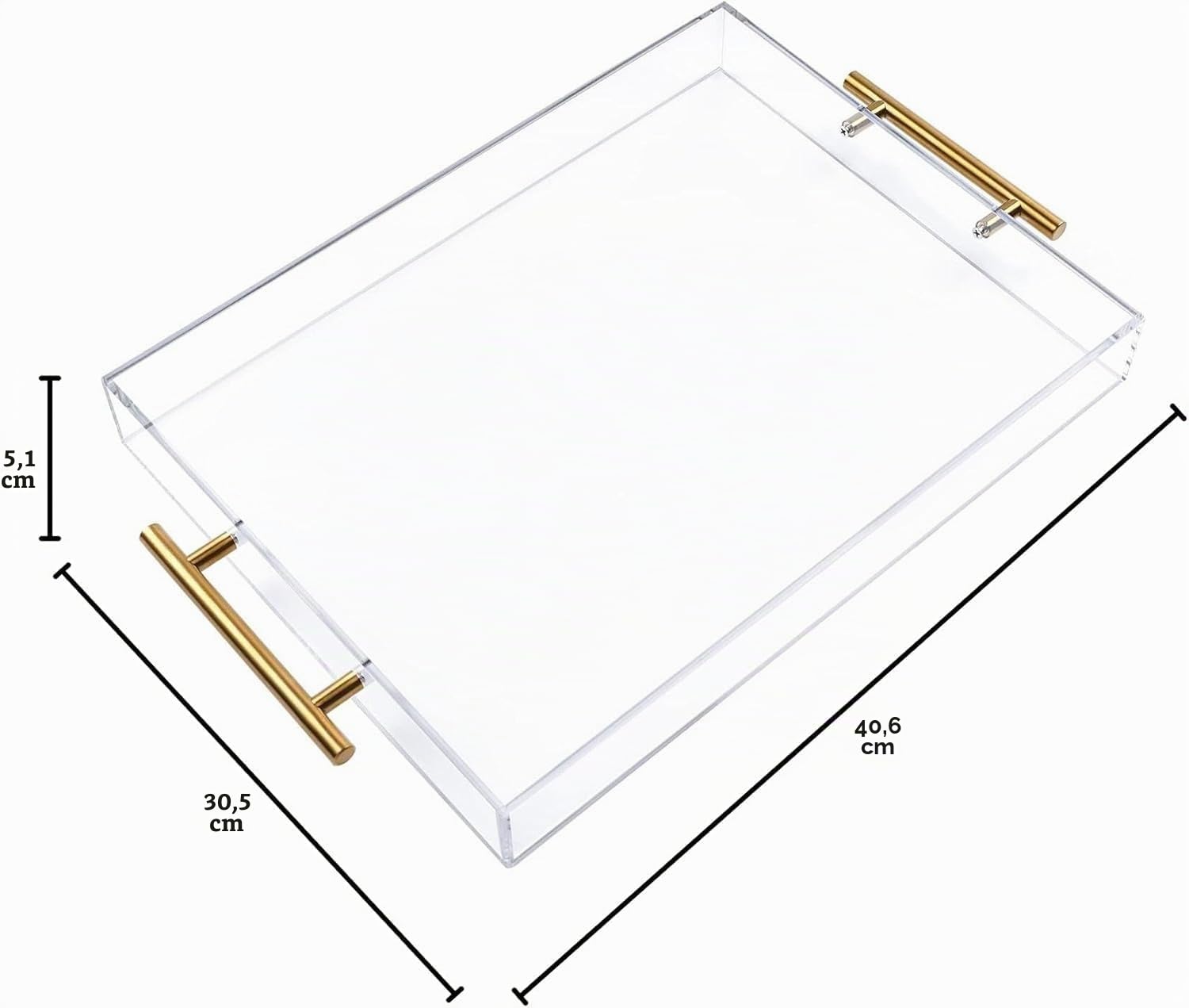 30.5x40.6 cm, transparentes Acryl-Serviertablett mit goldenen Griffen, stabiles, großes Fassungsvermögen, Küche und Schreibtisch-Organizer, Aufbewahrungstablett (30.5x40.6 cm)