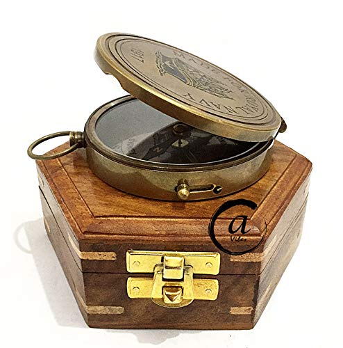 Brújula Sundial AV en Latón con Caja de Madera miniatura 4