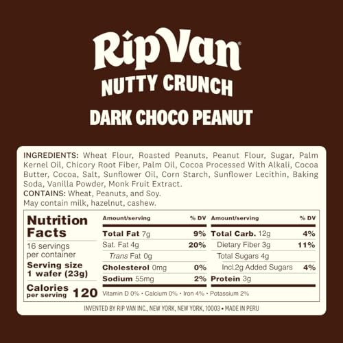 Image of Rip Van Nutty Crunch Dark Choco Peanut Butter Wafer - Crispy Wafer Snack, Low Sugar, 120 Calories, Individually Wrapped - 16 Count