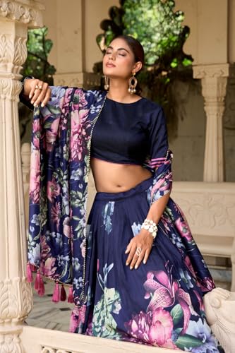 Image of TRENDMALLS Women's Jam Satin Flower Printed Semi-Stitched Lehenga Choli with Dupatta (L276-Blue-Semi-Stitch)