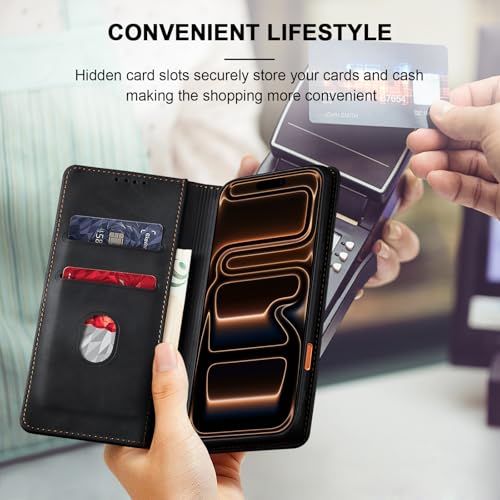 Image of Jasonyu Flip Wallet Case for iPhone 17 Pro Max,Leather Magnetic Folio Cover with Card Holder,Kickstand - TPU Shockproof Durable Protective Phone Case,Black