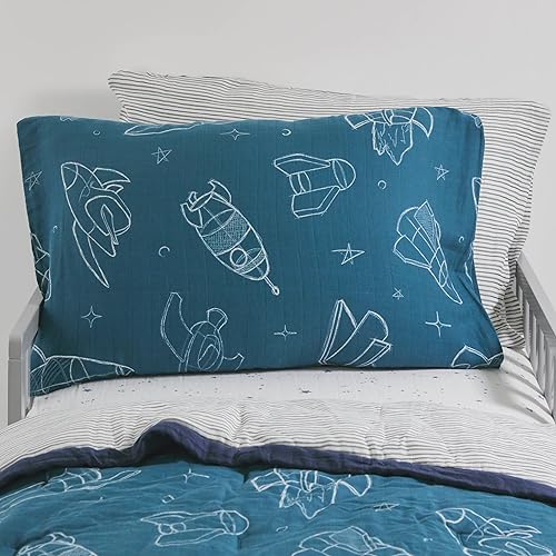 Image of Little Unicorn Standard Pillowcase 2 Pack | Super Soft & Breathable Muslin Fabric | Snug Envelope Closure | for Crib and Toddler Bed (Blast Off)