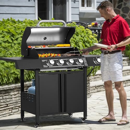 MAGIC UNION 4-Burner Propane Gas BBQ Grills with Side Burner, Cast Iron 50,000 BTU Patio Barbecue Grill with Stainless Steel Grates for Outdoor Cooking, Backyard, Garden