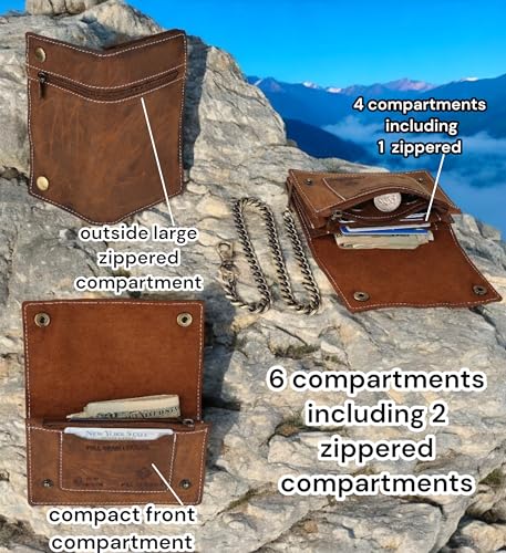 F&L CLASSIC Leather Chain Wallet for Men - RFID Blocking Snap Closure Biker Wallet with Steel Chain for Truckers,USA,brown,420-203
