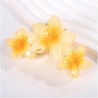 2 horquillas de 11 cm, 3 flores de Frangipani, color sólido, color degradado, horquilla, tocado, accesorios para el cabello para mujer (T-amarillo)