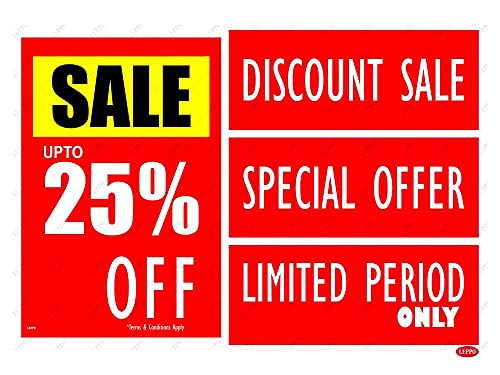Image of LEPPO Sale Upto 25% I 50% I 70% Off & Discount Sale, Limited Period Self Adhesive Laminated Poster & Stickers Use for Retail Stores, Shops, Malls - Combo Pack RED (25% OFF, 5 Pc Qty)