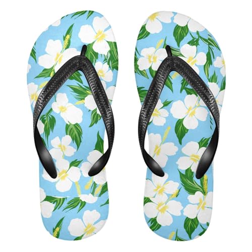 White Hibiscus Leaves Flip Flops for Beach Thong Sandals Anti-slip Lightweight Flat Slippers for Travel Summer Outdoor