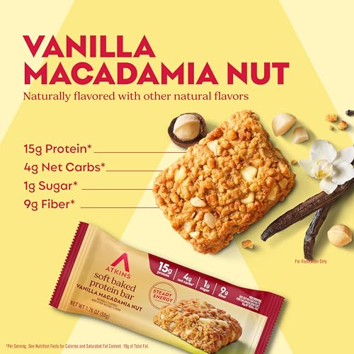 Image of Atkins Soft Baked High Protein Bars, Vanilla Macadamia Nut Flavor, 15g Protein, 4g Net Carbs, 2g Sugar, Excellent Source of Fiber, High Protein, 6 pack (4 bars each)
