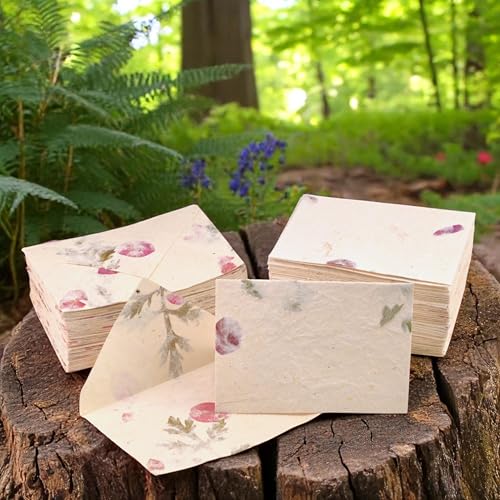 Image of Kathmandu Valley Co. 50 Vintage 4x6 Handmade Lokta Paper Nepali Cherish Greeting Cards & Matching Decorative Flower Petal Envelopes. Folded blank cards. Handmade In Nepal. (Forest Wanderer)