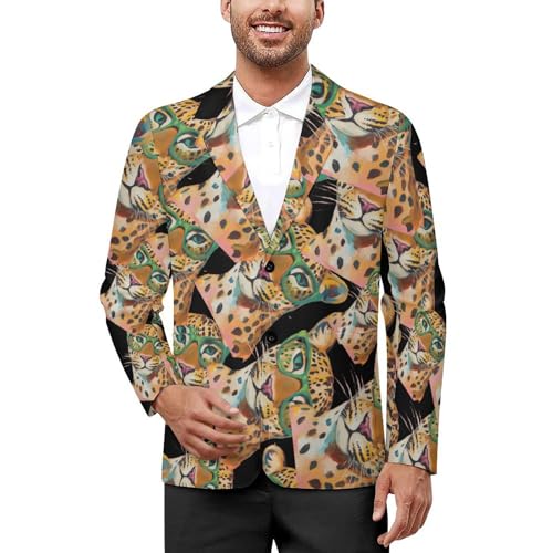 Leopard Wearing Green Glasses Men's Slim Suit Long-Sleeve Prom Tuxedo Classic Two Button Business Jacket