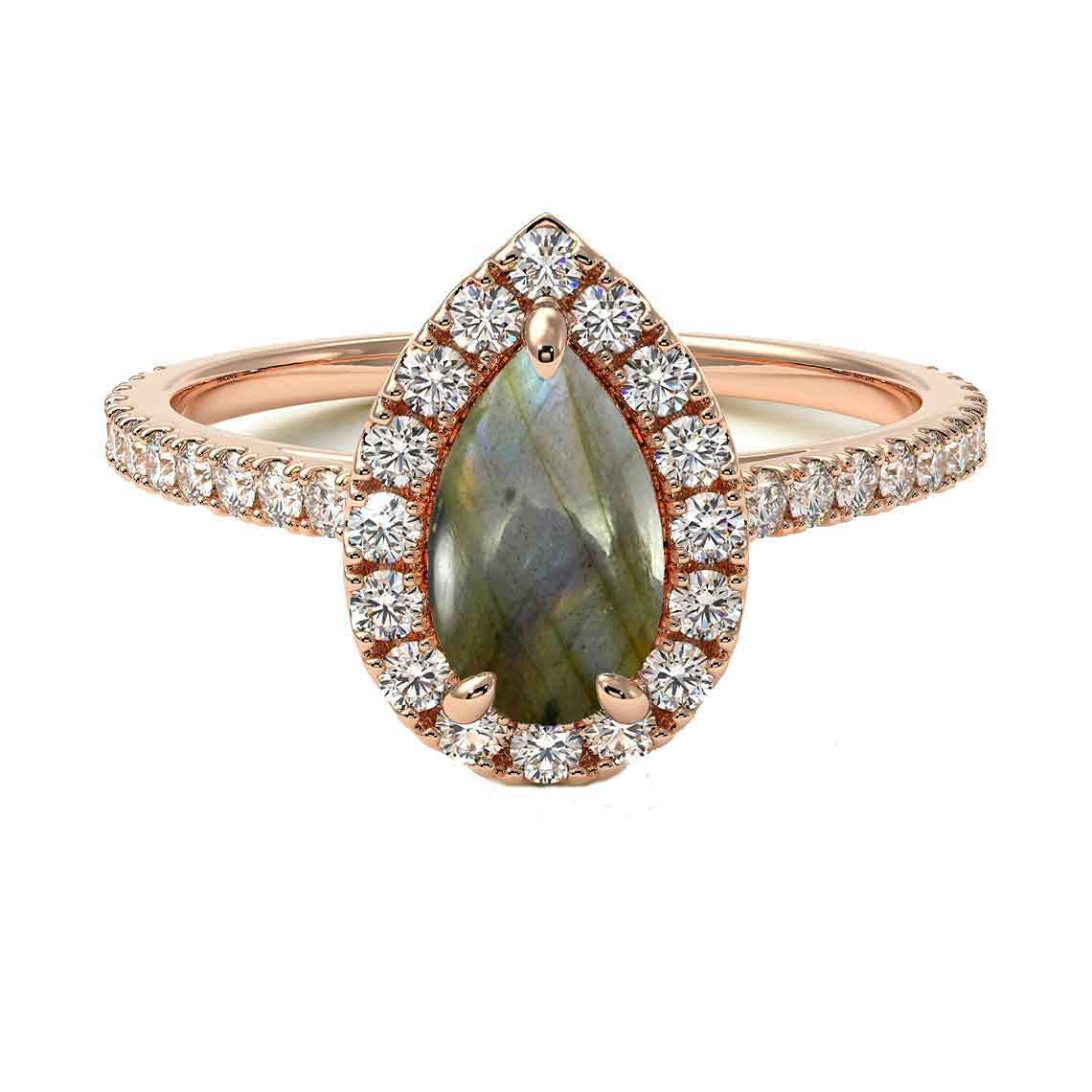Choose Your Gemstone 18K Rose Gold Ring Pear Shape Halo Diamond Design Wedding Engagement Handmade and Fashion Jewelry for Women Girl Available in Size 4,5,6,7,8,9,10,11,12