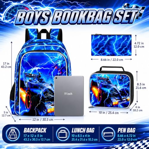 Image of 3Pcs Race Car Backpack, Boys Lightning Kids Bookbag with Lunch Box, 17 inch School Backpacks for Elementary Preschool Kindergarten (Blue)