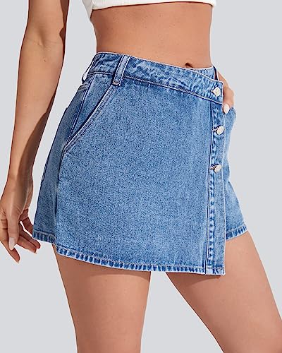 Denim Shorts Women Casual High Waisted Solid Button Up Asymmetrical Denim Jean Skort Skirt Mini Shorts.3