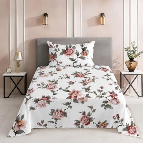 Image of DECOR2ADMIRE 300 Thread Count Premium Cotton Printed Single Bedsheet with One Pillow Covers for Home 60 Inches x 90 Inches (Classic White Floral, Single 60 inch x 90 inch)