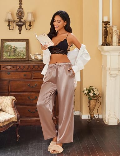 Image of Ekouaer Womens Silk Satin Pajama Pants Casual Loose Lounge Pants Drawstring Elastic Waist Wide Leg Pj Bottoms with Pockets, Brown, Medium