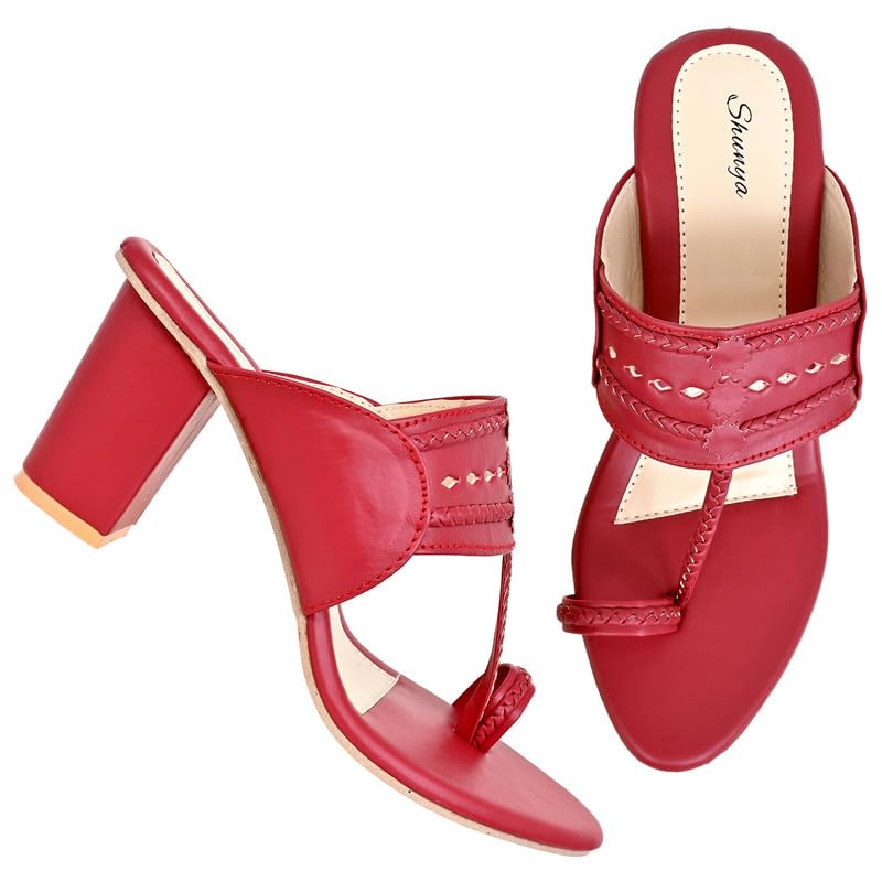 Shunya Women’s Open Round Toe Kolhapuri Sandals | Ethnic Toe Ring sandals | Stylish Classy Ethnic Block Heels | Hand Braids Kolhapuri for Ethnic and Wedding Occasions