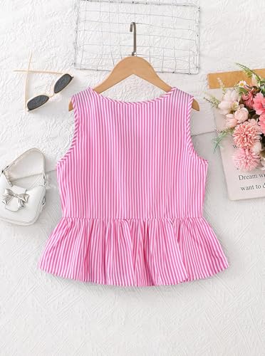 Image of Girls Bowknot Tank Tops Sleeveless Striped Shirts Cotton Peplum Babydoll Top