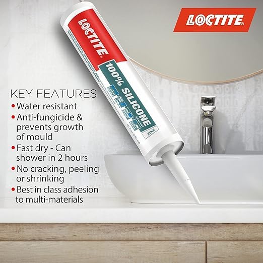 Image of Loctite 100% silicone sealant, Waterproof, No shrinkage,Dries in 10mins,Waterproof in 2hrs,Ideal for kitchen, bathroom,HVAC applications, sealant for glass, ceramics, aluminum, steel, White,260ml x 2