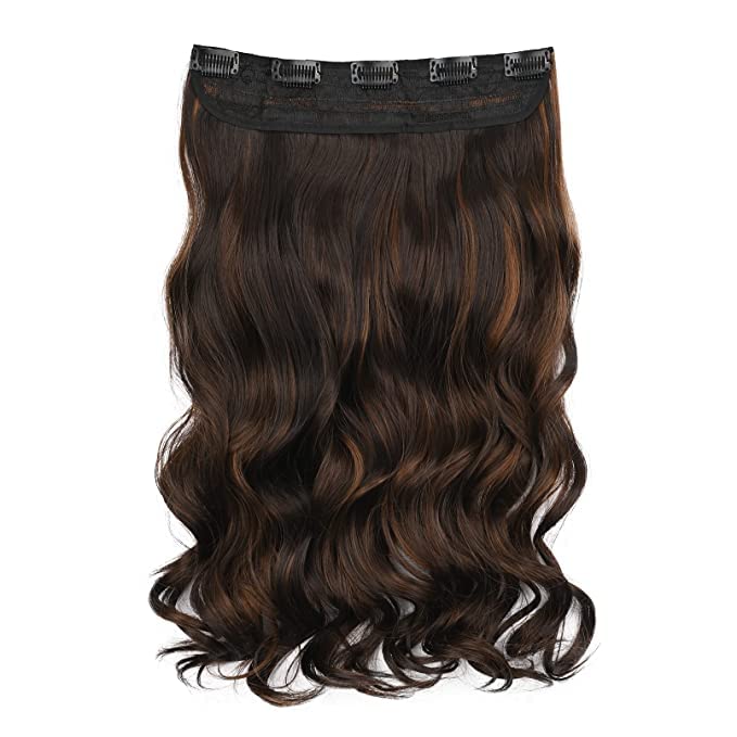 Image of Women Hair Extension Long Curly Wavy Dark Brown With Chestnut Highlight 18 Inches Hairpiece With 5 BB Clip /Hair Extension for Women Party /Halloween /Christmas