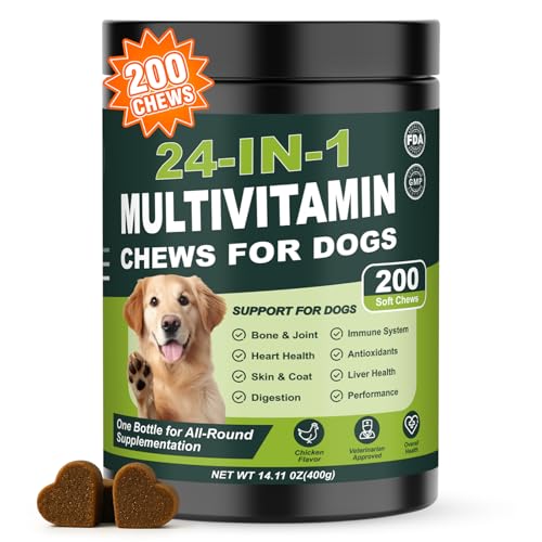 24-in-1 Dog Multivitamins Chewable, 200 Count Dog Vitamins and Supplements with Glucosamine Chondroitin Probiotics Omega-3 for Skin Coat Hip Joint Heart Liver Brain Eye Support - Chicken