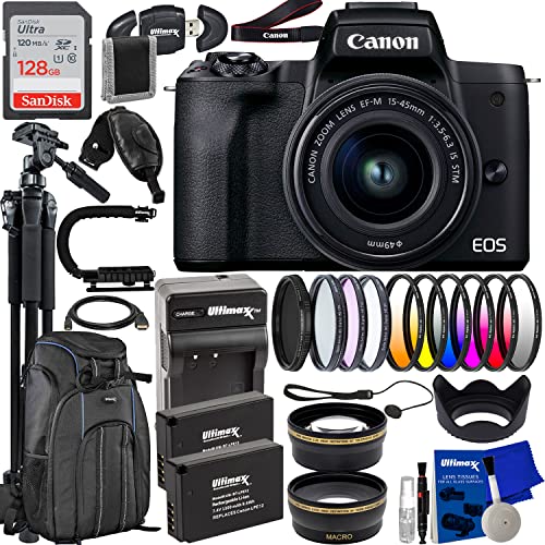 PhoenixPhoto | Canon Intl Canon EOS M50 Mark II Ultra SDXC, 2X Extended Life Batteries (1300 mAh), Canon EOS M50 Mark II Mirrorless Camera with 15-45mm Lens with Advanced Accessory Bundle