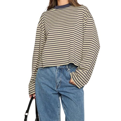 KOSUSANILL Striped Long Sleeve Shirt Women Oversized Baggy Tshirt Crewneck Boxy Cropped Tee Tops Drop Shoulder Y2K Cute Preppy Sweatshirt Vintage Teen Girls Fall Pullover Top (Yellow, M)
