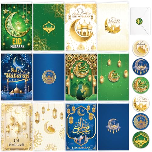 XNBTFK Eid Mubarak Cards 12 Pack with Envelopes & Stickers – 6 Unique Designs, Premium Ramadan Cards Set, Ideal Eid Gifts for Kids and Family