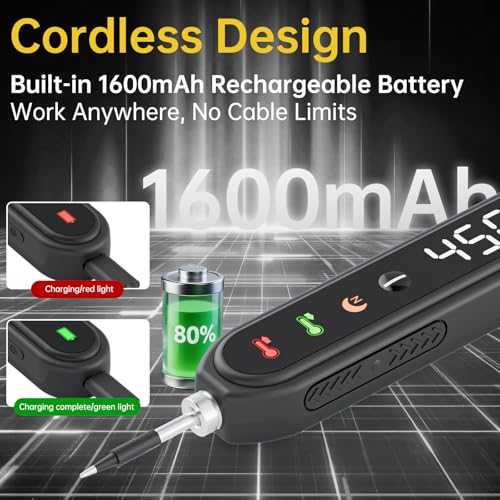 Image of Cordless Soldering Iron Kit, 8s Fast Heat-Up, 1600mAh Rechargeable Battery, Type-C Charging, Adjustable Temp 180~450 ℃, 3 Replaceable Tips, Wireless Soldering Pen for DIY Electronics Repair - Black