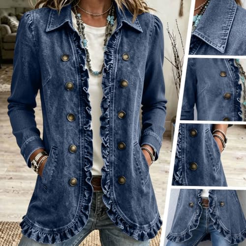 TERGHTP Womens Denim Jacket Ruffle Double Breasted Vintage Jean Jackets - image 6