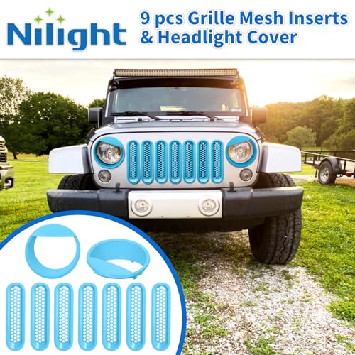 Image of Nilight Grill Inserts fit for Jeep Wrangler Front Grille Mesh Inserts & Headlight Cover Set for JK JKU Unlimited Sports Sahara Freedom Rubicon 2007-2018 Clip-in Trim Exterior Accessories Blue 9 Pcs
