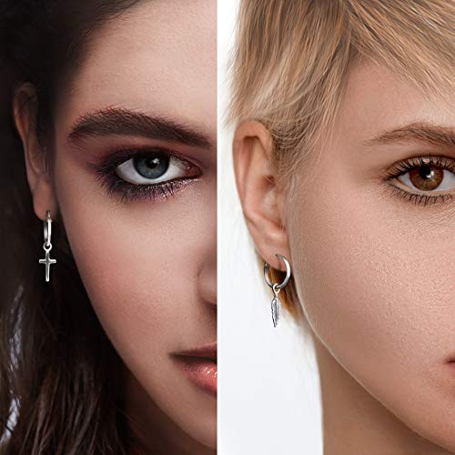 TJS Orecchini Cerchio con Pendenti Piuma e Croce