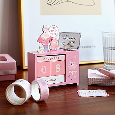 croselyu Wooden Perpetual Calendar with Pen Holder 2022 Creative Reminder Desk Calendar Decoration Literary Dormitory Desktop Decoration Decoration?1 PCE (style3) Cover